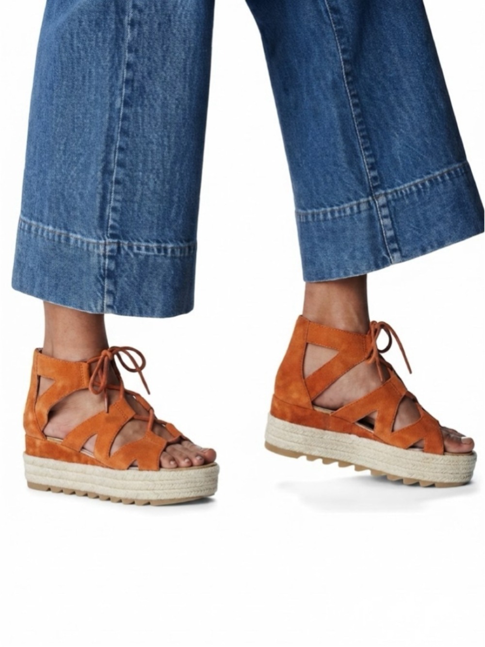 Sorel Cameron Flatform Lace Up Espadrille Sandals Orange Suede Sz 6.5 fits 7-7.5